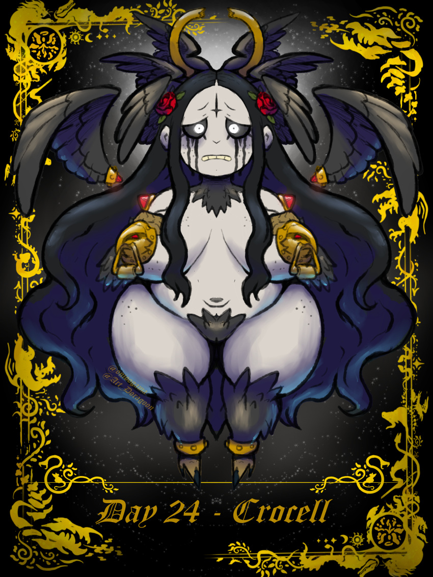 absurd_res accessory angel animal_limbs ars_goetia avian_feet bangboodoragon big_breasts black_background black_body black_feathers black_hair black_pubes black_sclera black_wings breasts broken_halo crocell_(goetia) eyelashes fallen_angel feathered_wings feathers female flower flower_in_hair freckled_breasts freckles front_view genitals hair hair_accessory halo head_wings hi_res huge_breasts humanoid lesser_key_of_solomon long_hair looking_at_viewer navel nude overweight overweight_female pale_skin pasties plant pubes pussy running_makeup running_mascara simple_background solo text thick_thighs white_eyes wide_hips winged_humanoid wings