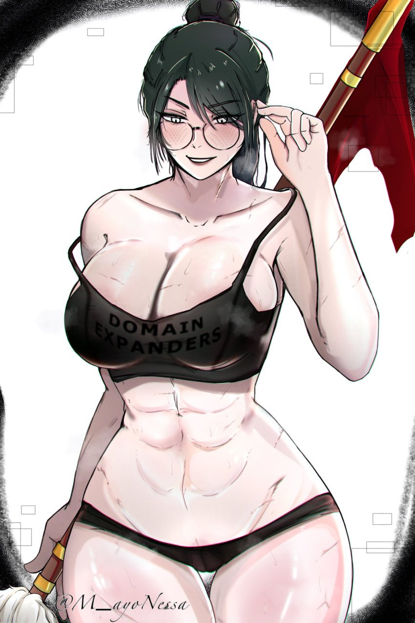 abdominals abs big_breasts blush bra dark_hair domain_expansion eyeliner female_focus female_only fit_female fitness glasses holding_glasses huge_breasts jujutsu_kaisen jujutsu_kaisen_0 m_ayonessa muscle_mommy panties shiny_skin slim_waist smirk strong_woman thick_thighs thighs tomboy wide_hips zenin_maki