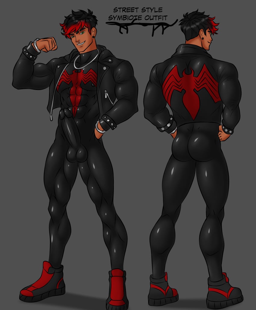 1boy absurd_res bara big_ass big_butt deimon21 erection flexing green_eyes jacket latex male_focus male_only marvel masculine muscles muscular muscular_male nose_piercing nose_ring original_character pecs red_hair rubber smiling_at_viewer spiked_bracelet venom_(marvel)