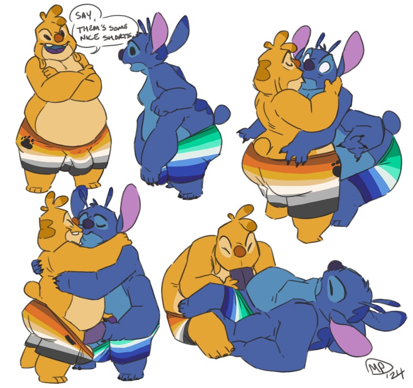 absurd_res alien anthro ass balls bear_pride_colors big_butt blowjob blowjob_face blue_body blue_fur bottomwear clothing disney duo erection experiment_(lilo_and_stitch) fellatio fur gay genitals handjob hi_res kissing lgbt_pride lilo_and_stitch male male/male maxpany oral overweight_male penile penis pride_colors reuben_(lilo_and_stitch) sex shorts stitch_(lilo_and_stitch) swimwear vincian_pride_colors yellow_body yellow_fur