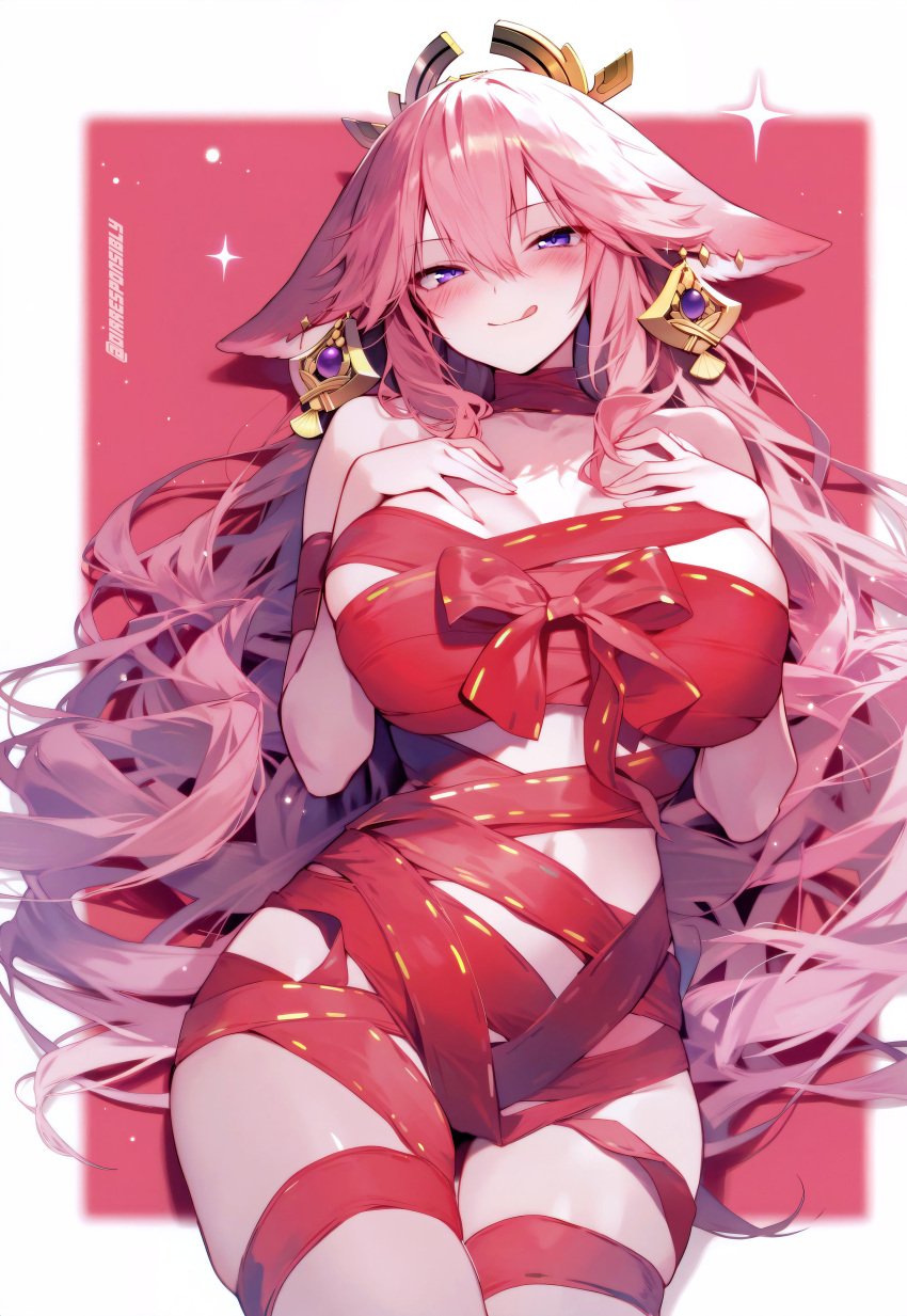 ai_generated genshin_impact large_breasts pink_hair present_wrap ribbon tongue wrapped yae_miko