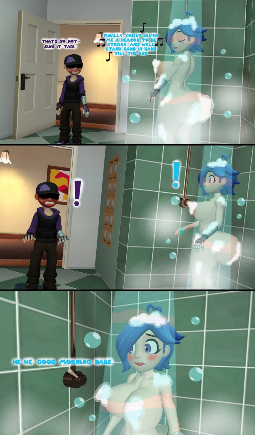 big_ass blush deekystjohn kaibernation miles_broflovski_(deekystjohn) morning musical_notes singing_in_shower smg4 soap_bubbles steam walk-in wet_body