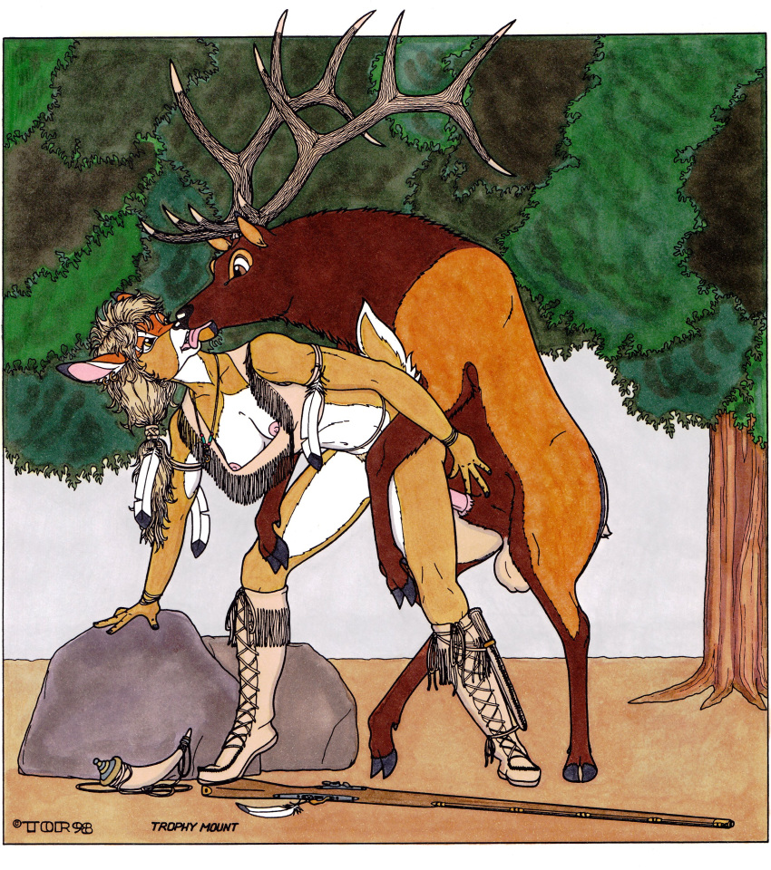 1990s 1998 20th_century anthro anthro_on_feral antlers balls bent_over breasts cervine color day deer doggy_style ear_piercing earring elk feathers female feral from_behind fur furry horn kissing licking male outdoors penetration penis piercing sex straight tongue tor tribal