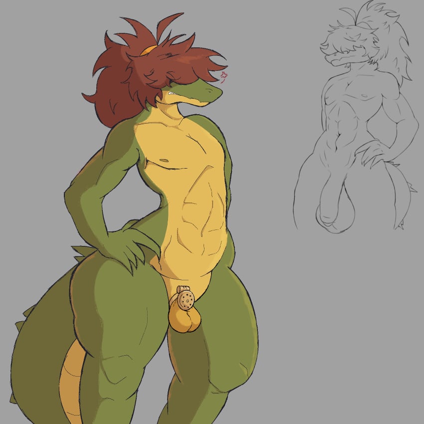 annoyed anthro balls big_tail brown_hair chastity_cage chastity_cage_only chastity_device chastity_device_only crocodile crocodilian crocodylid femboy flat_chastity_cage genitals gold_(metal) gold_chastity_cage gold_chastity_device green_body hair hi_res long_hair male matt_(matt_user) matt_user nude penis reptile scalie small_balls small_penis solo tail thick_thighs yellow_balls