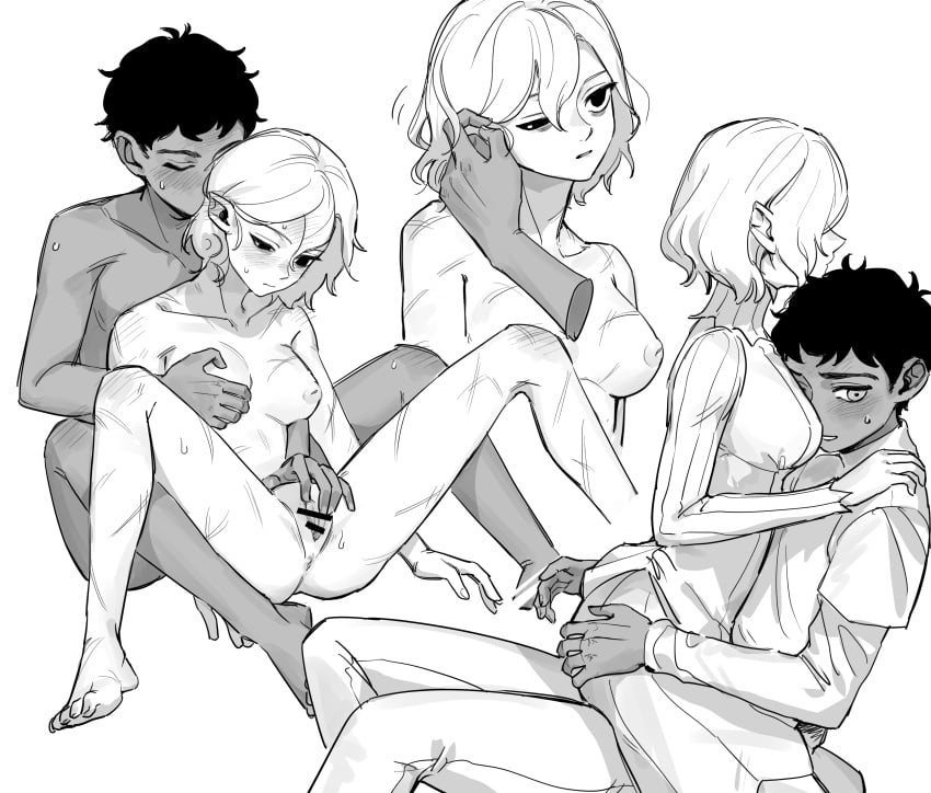 1boy absurdres adjusting_another&#039;s_hair bags_under_eyes bar_censor barefoot behind_another between_breasts between_legs blush breasts censored completely_nude curly_hair dark-skinned_male dark_skin disembodied_hand dungeon_meshi elf face_between_breasts female fingering genderswap_(mtf) gorget grabbing grabbing_another&#039;s_breast groping head_between_breasts highres inverted_nipples kabru lazy_eye medium_breasts mithrun monochrome multiple_scars multiple_views nipple_stimulation nipples notched_ear nude pants parted_lips pointy_ears pussy rerheart rule_63 scar shirt short_hair simple_background spread_legs straddling straight sweat sweatdrop uneven_eyes upright_straddle wavy_hair white_background