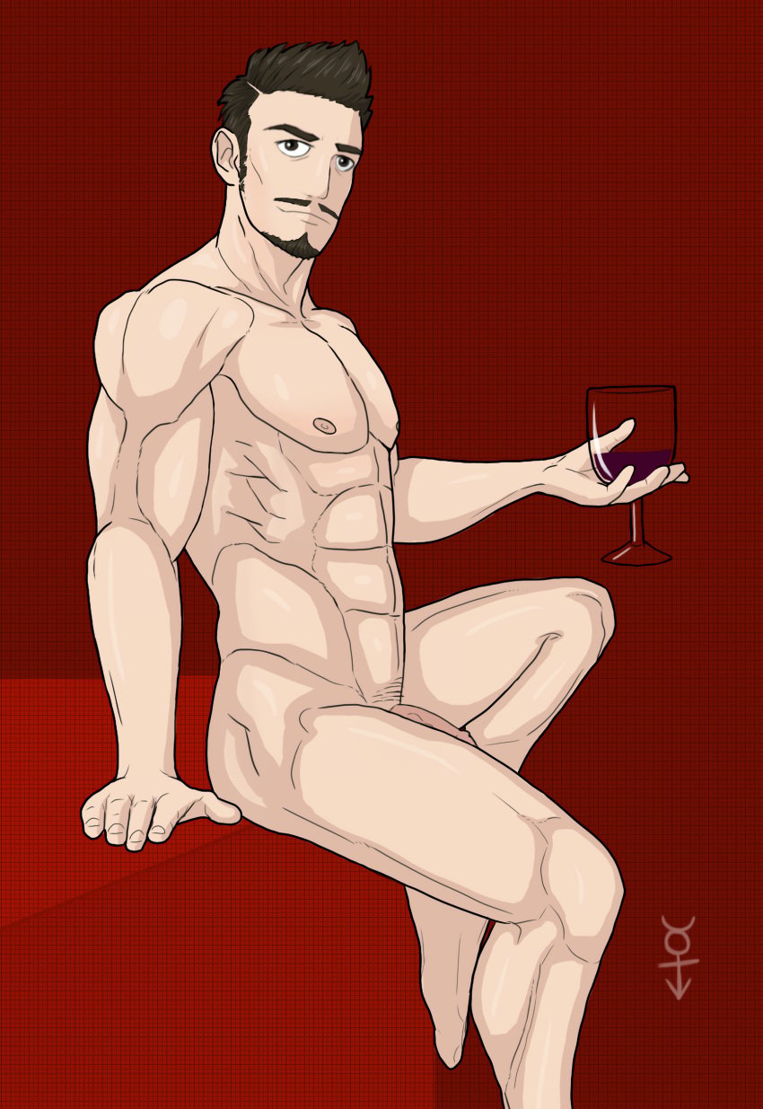 akira_konoe areola areolae atlus beard brown_eyes brown_hair dark_brown_eyes dark_brown_hair edge_of_bed facial_hair feet holding_object holding_wine_glass konoe_akira leg_lift light-skinned_male light_skin looking_at_viewer male_only megami_tensei moustache muscular muscular_male nipples penis persona persona_5 persona_5_scramble:_the_phantom_strikers pubes pubic_hair seductive seductive_eyes seductive_gaze seductive_look seductive_mouth seductive_pose seductive_smile sitting_on_bed solo_male wine wine_glass zacnightflame