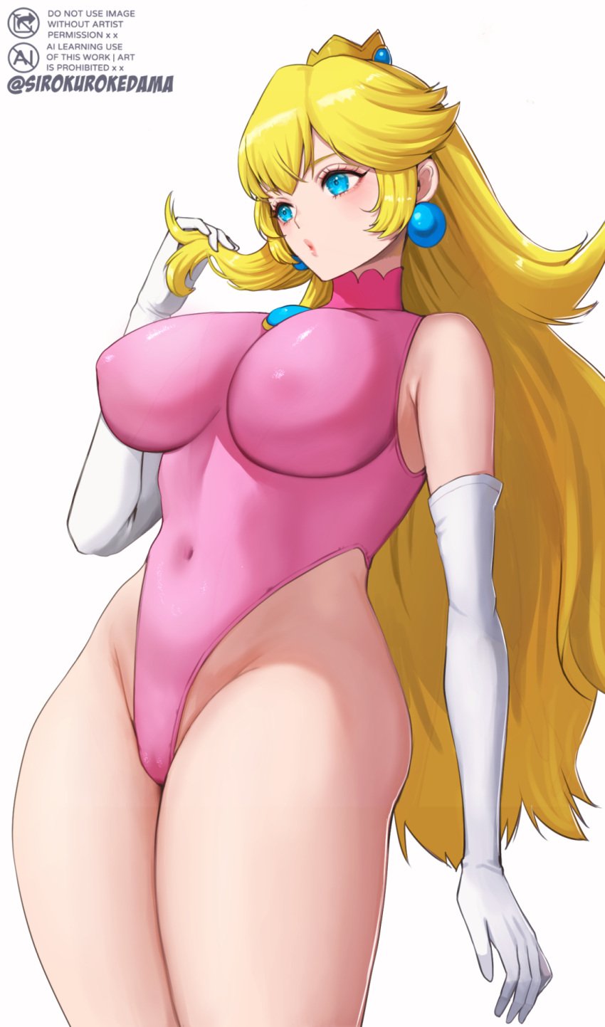 1girls artist_name big_breasts blonde_hair blue_eyes breasts busty child_bearing_hips covered_erect_nipples covered_navel female female_only gloves highres large_breasts legs leotard long_hair mario_(series) nintendo princess princess_peach puckered_lips solo thick_thighs thighs wide_hips yamamori_kinako