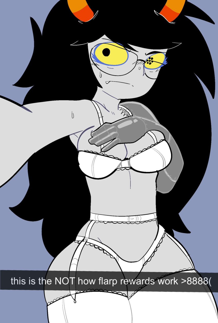 1girls alien black_hair colored_skin deatthot embarrassed female glasses grey_skin homestuck homestuck_troll horn horns lingerie long_hair long_hair_female looking_at_viewer metal_arm selfie solo solo_female sweat troll unusual_eyes vriska_serket white_bra white_underwear