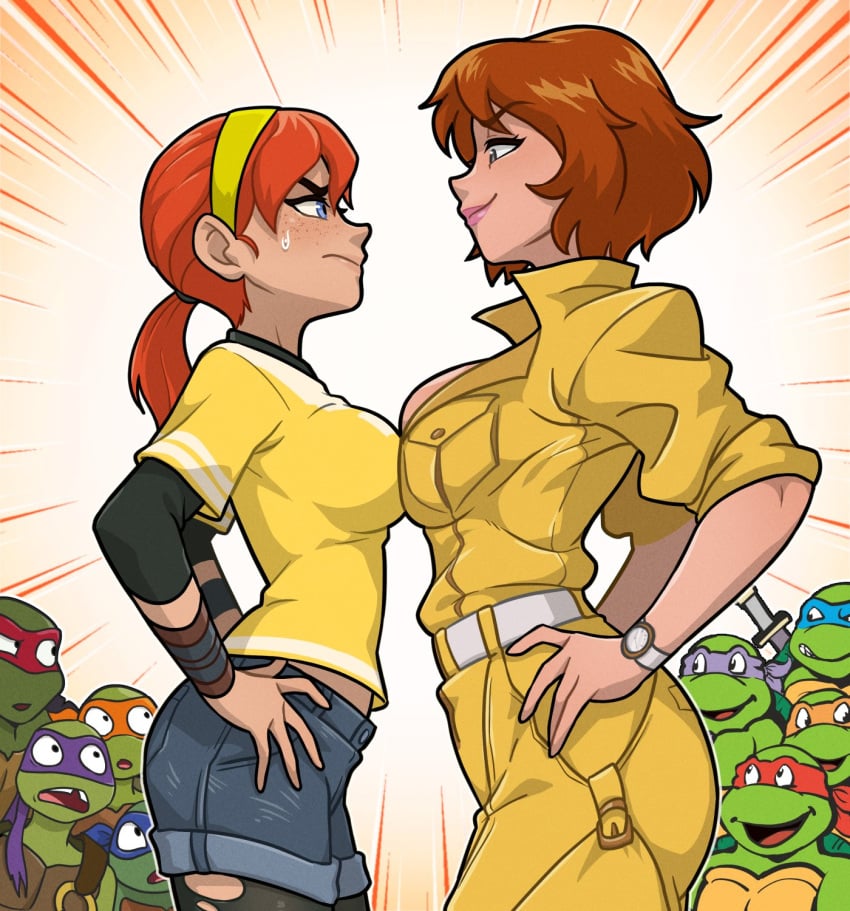 2020s 20s 2girls 6+boys action_lines age_difference annoyed april_o'neil april_o'neil_(tmnt_1987) april_o'neil_(tmnt_2012) arched_back armwear asymmetrical_docking bangs belt big_breasts black_eyes black_leggings black_shirt blue_eyes blue_eyes_female blue_shorts blush boobs breast_envy breast_fight breast_press breast_size_comparison breast_size_difference breast_to_breast breasts breasts_pressed_against_another breasts_pressed_together brown_hair brown_hair_female brown_wraps busty cbs_(broadcasting_company) centinel303 competing competition competitive confident contest denim donatello donatello_(tmnt) dual_persona envy eye_contact female female_focus freckles freckles_on_face from_side green_skin hands_on_hips high_collar high_resolution highres human jealous jealous_female jealous_look jealousy jumpsuit large_breasts legwear leonardo leonardo_(tmnt) light-skinned_female light_skin long_hair long_hair_female long_sleeves looking_at_another male mature mature_female mature_woman michelangelo michelangelo_(tmnt) multicolored multicolored_background multiple_boys multiple_females multiple_girls multiple_males multiversal_counterpart_grouping nickelodeon older older_female orange_hair orange_hair_female ponytail raphael raphael_(tmnt) reptile reptile_humanoid shirt short_hair short_hair_female short_shorts short_sleeves shorts side_view size_comparison size_difference smile smirk smirking smirking_at_another sports_tape standing staring staring_at_another stripes sweat sweatdrop sweating teenage_girl teenage_mutant_ninja_turtles teenage_mutant_ninja_turtles_(1987) teenage_mutant_ninja_turtles_(2012) teenager tied_hair titfight tits tmnt tmnt_1987 tmnt_2012 torn_clothes torn_clothing turtle undershirt very_high_resolution watch watching watching_from_afar white white_belt wrist_tape yellow_headband yellow_jumpsuit yellow_shirt younger_female