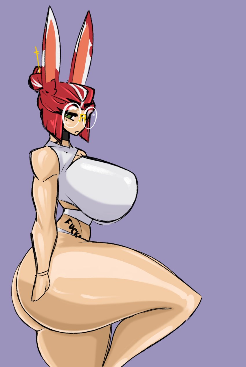 1girls beatrice_(shewiff) beauty_mark big_ass big_breasts big_butt big_penis bob_cut bobbed_hair bunny_girl choker glasses green_eyes hair_bun huge_ass huge_breasts huge_butt huge_thighs light-skinned_female light_skin one_leg_up partially_clothed penis red_hair shewiff solo tattoo tattoo_on_belly thick_thighs