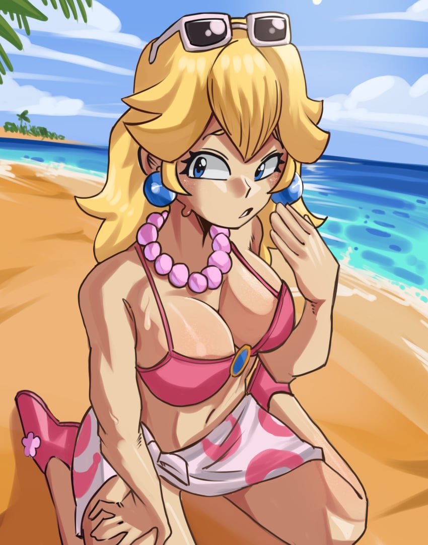 1girls alternate_costume beach big_breasts bikini blonde_hair blue_eyes breasts busty cleavage feet female female_only hand_on_leg hand_on_own_leg hand_on_own_thigh highres jewelry large_breasts legs long_hair mario_(series) moxydrawsmore navel necklace nintendo ocean official_alternate_costume parted_lips pink_bikini princess princess_peach princess_peach_(swimwear) sarong sitting solo sunglasses_on_head super_mario_odyssey sweat swimsuit thighs water