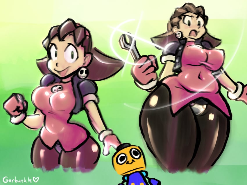 1girls artist_name big_breasts breasts brown_hair busty capcom child_bearing_hips covered_navel curvy female female_only garbunkles gloves highres jacket large_breasts looking_at_viewer maebari medium_hair mega_man mega_man_legends open_clothes open_jacket pantyhose servbot smile thick_thighs thighs tron_bonne wide_hips