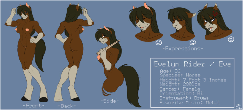 angry anthro ass back big_breasts black_hair blue_eyes breasts cooper_(artist) drumsticks equine evelyn_rider female furry hair hand_on_hip happy hooves horse long_hair mammal muscles navel nude pussy sad sideboob smile solo standing tail