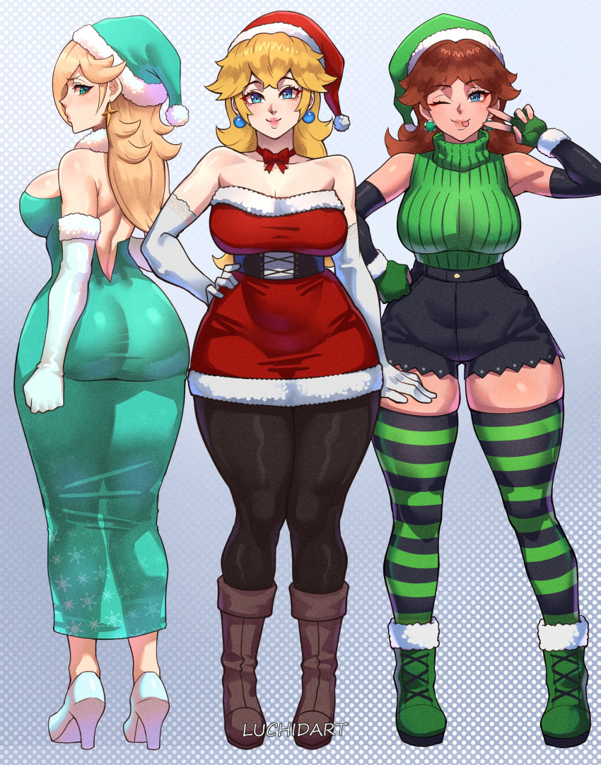 3girls adapted_costume aqua_dress ass ass_focus back back_view bare_arms bare_legs bare_shoulders bare_thighs big_ass big_breasts big_butt blonde_hair blue_eyes bra breasts christmas christmas_hat christmas_outfit cleavage clothed clothing color crown dress earrings elbow_gloves female female_focus female_only fishnet_legwear fishnets gloves green_dress green_eyes hair_over_one_eye halftone_background hat hi_res jewelry large_breasts light-skinned_female light_skin long_hair looking_at_viewer looking_back low-angle_view luchidart mario_(series) nintendo pantyhose parted_lips polka_dot polka_dot_background polka_dot_dress ponytail princess princess_daisy princess_peach princess_rosalina racket short_hair shorts solo solo_female tagme tennis_racket thick_thighs thighhighs thighs unmoving_pattern wink