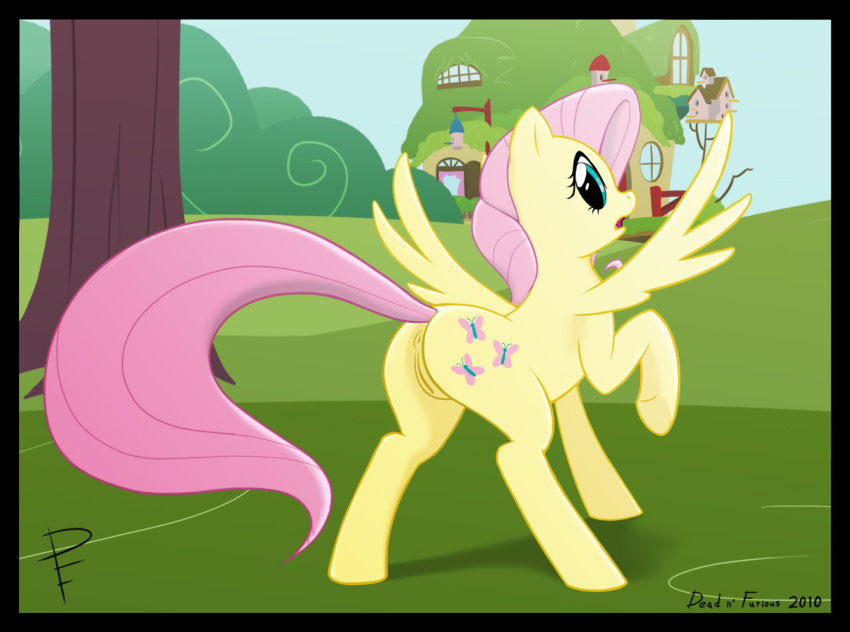 anus ass blue equine eyes female fluttershy_(mlp) friendship_is_magic hair horse looking_at_viewer looking_back my_little_pony pegasus pink_hair pony pussy solo straight_hair tree wings wood zombieme