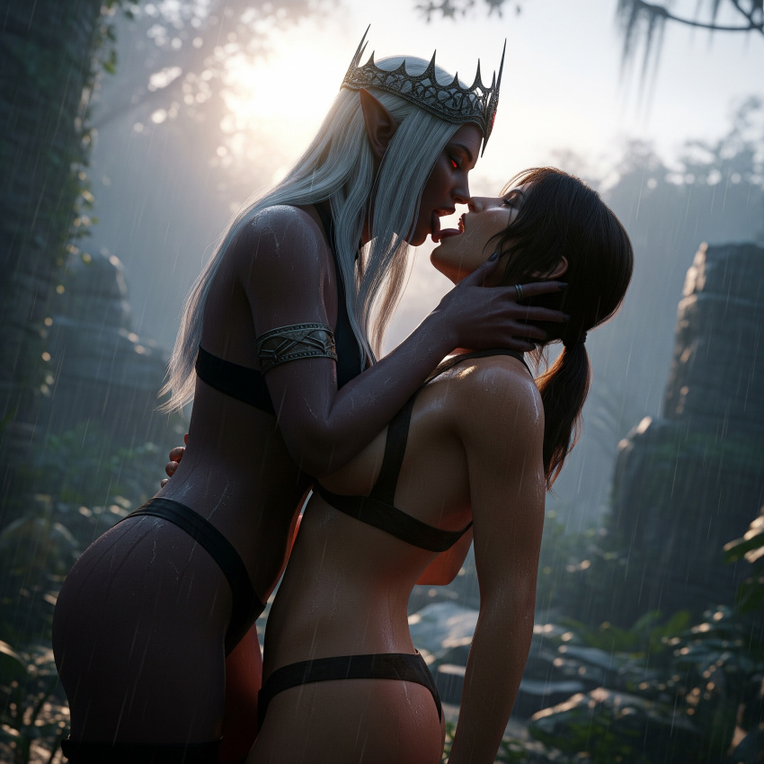 2025 2girls ai_generated baldur's_gate_3 black_hair breasts breasts_out brown_hair dnd dnd_character drow elf elf_female female grabbing grabbing_ass high_quality high_resolution highres hug kiss_on_lips kissing lara_croft lara_croft_(survivor) lesbian_couple lesbian_kiss leshay7 matron medium_breasts oc orginal_character original original_character original_characters small_breasts stable_diffusion tan_body tan_skin thick thick_ass thick_thighs thighhighs thighs thong tomb_raider tomb_raider_(survivor) tongue tongue_kiss