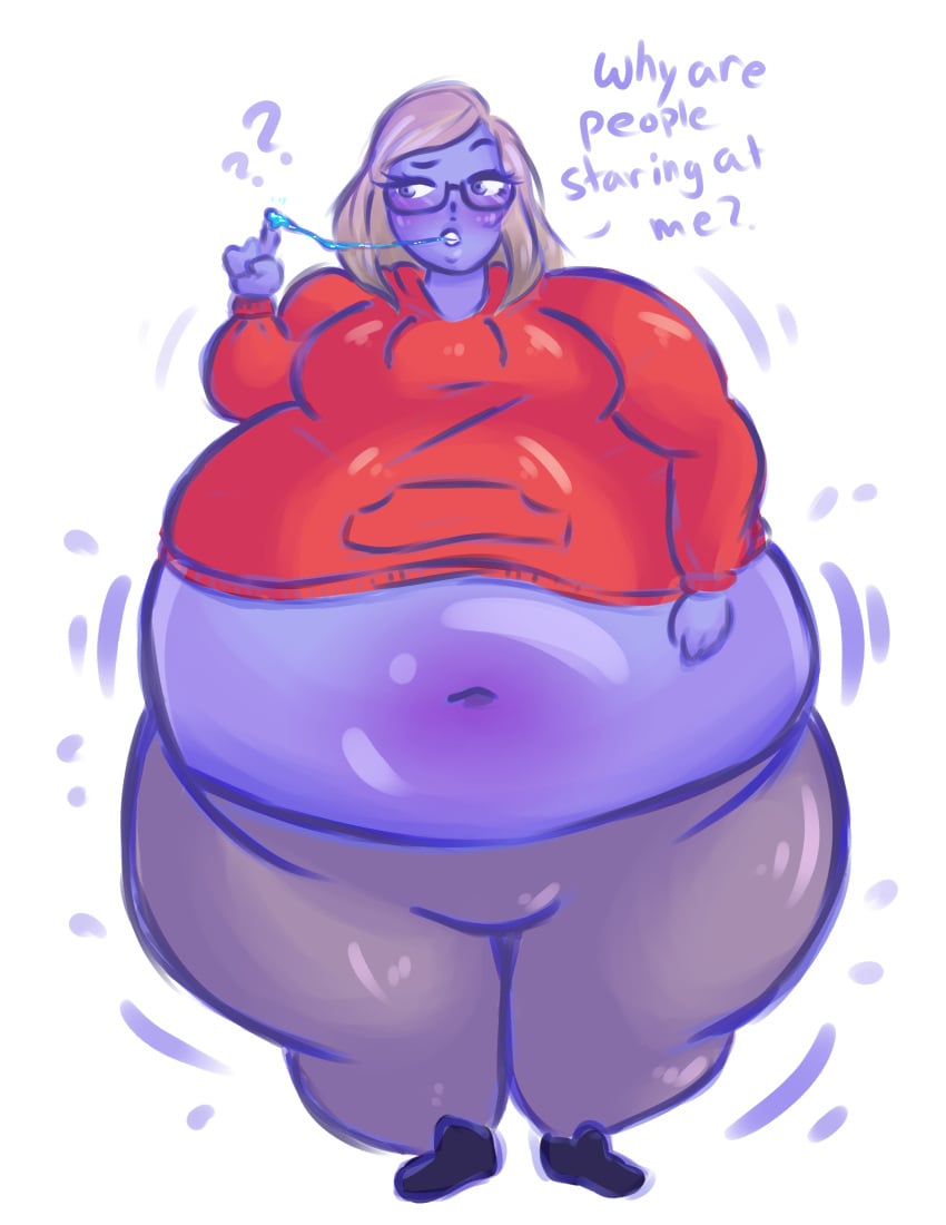 1girls ass_expansion belly_expansion big_ass big_belly big_breasts big_thighs blue_eyes blue_skin blueberry_inflation breast_expansion brown_hair brown_hair chewing_gum cutiepopblue dialogue expansion glasses grey_leggings gum hoodie inflation leggings navel oblivious red_hoodie tagme wide_hips