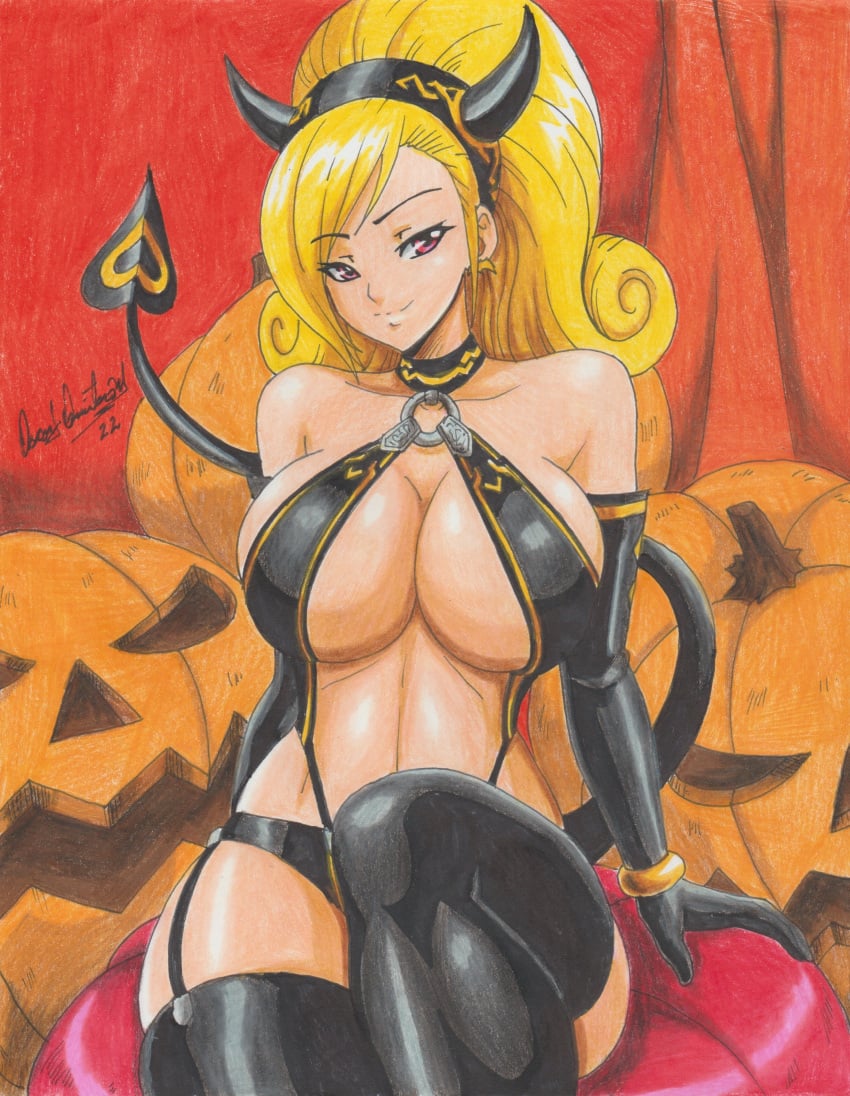 1girls big_breasts black_clothing black_panties blonde_hair breasts breasts breasts busty clothed curly_hair female gloves halloween halloween_costume halloween_decoration halloween_pumpkin halloween_theme horns huge_breasts human king_of_fighters latex lien_neville light-skinned_female light_skin long_gloves long_hair panties pumpkin ravern_clouk red_eyes ring seductive_look sitting smile tail thick thick_thighs thighhighs thighs tied_hair voluptuous voluptuous_female wide_hips