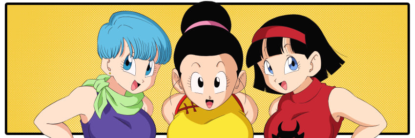 3girls 
happy background big_breasts black_hair blue_hair bulma_briefs chichi chichi_(majin_buu_saga) dragon_ball dragon_ball_super dragon_ball_z female_only hair_bun only_female red_shirt short_hair solid_color_background videl videl_(dragon_ball_super) videl_(short_hair)