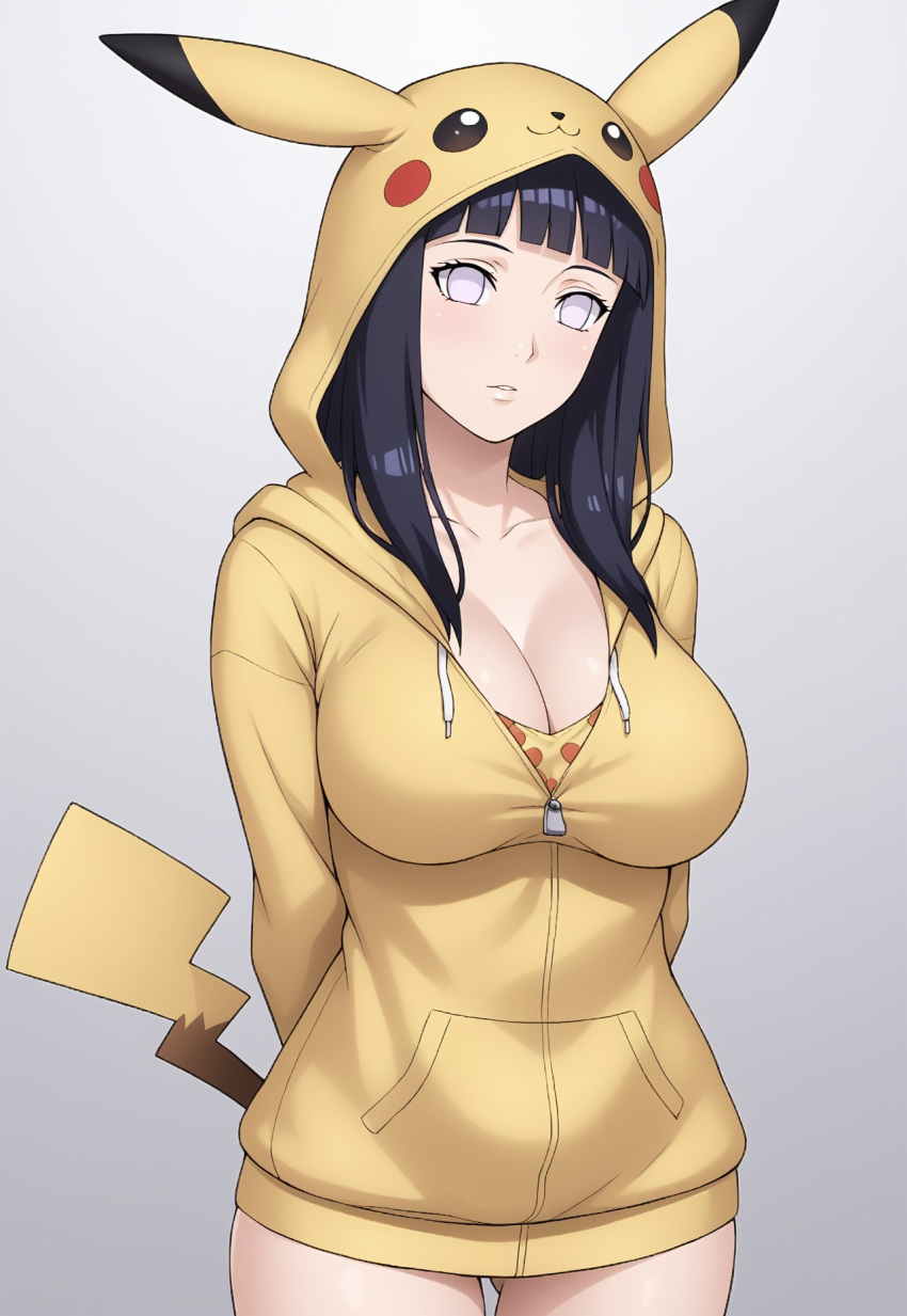 ai_generated arms_behind_back big_breasts black_hair civitai cosplay hyuuga_hinata large_breasts long_hair naruto no_pupils pikachu_(cosplay) purple_eyes