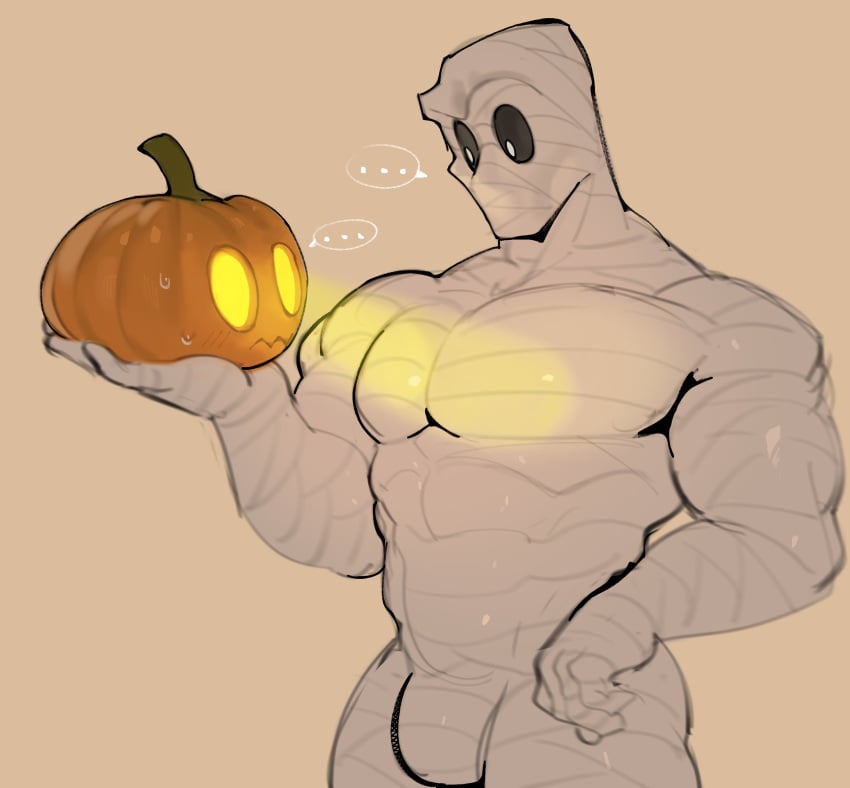 1boy 2024 abs absurd_res bara black_eyes blush bulge dialogue_bubble digital_media_(artwork) disembodied_head glowing_eyes halloween holding_head holding_partner kogito looking_at_another looking_at_partner male male/ambiguous male_only manly monster mummy mummy_wrappings muscular muscular_arms pecs plant pumpkin sharp_teeth simple_background sweat sweatdrop tagme undead white_pupils