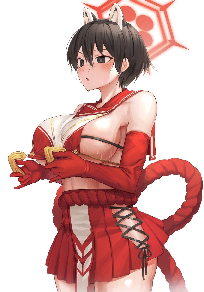 1girls animal_ears artist_reqeust artist_request bare_shoulders bikini bikini_under_clothes black_hair blue_archive blurry blush breast_curtain breasts collarbone curvy detached_sleeves extra_ears female hair_between_eyes highres huge_ huge_breasts japanese_clothes large_breasts pleated_skirt red_sailor_collar red_skirt revealing_clothes sailor_collar serafuku short_hair sideboob solo swimsuit tassel thick_thighs thighs tsubaki_(blue_archive) underboob