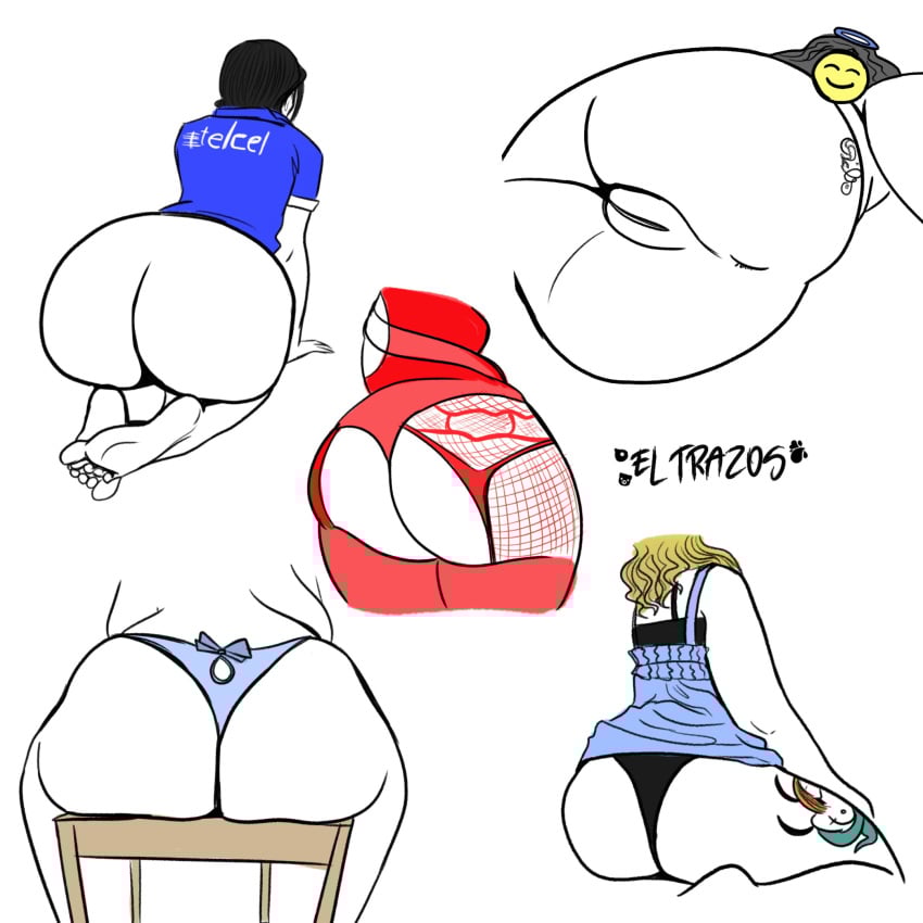 5girls bubble_butt dress female hot lingerie monochrome no_panties no_underwear presenting_ass presenting_hindquarters presenting_pussy shirt swimsuit trazospuerkos_(artist)