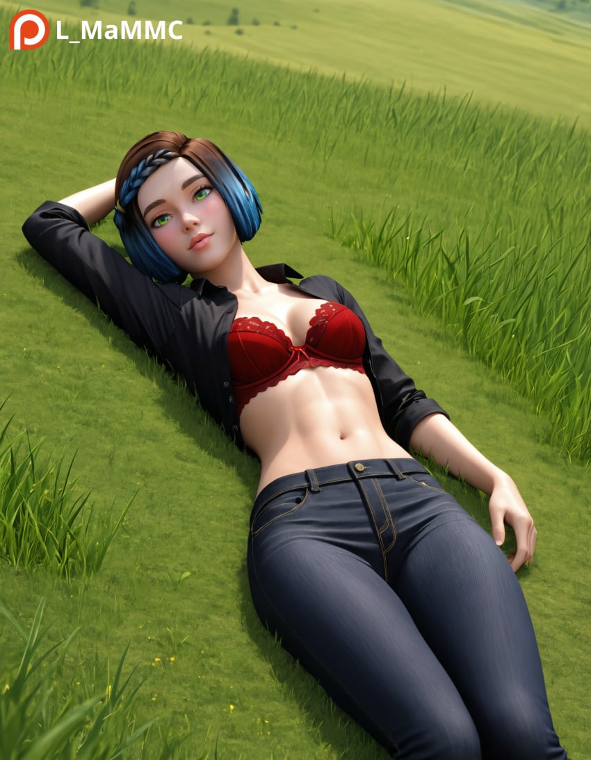 ai_generated black_jeans black_shirt blue_hair female grass green_eyes harry_potter harry_potter:_hogwarts_mystery l_mammc looking_at_viewer lying_on_grass lying_on_ground natural_breasts pony_diffusion_xl realistic_breast_size red_bra skye_parkin solo solo_female watermark