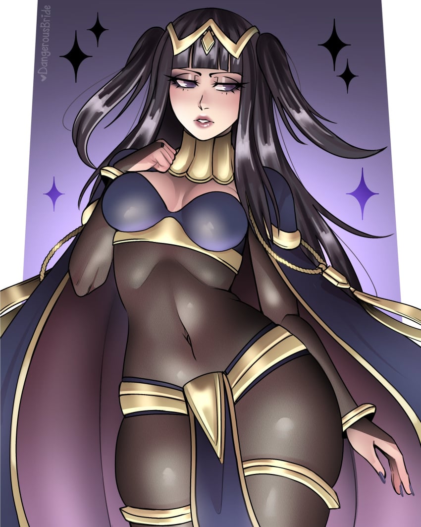 1girls black_hair bodystocking dangerousbride female female_only fire_emblem fire_emblem_awakening long_hair looking_away narrowed_eyes nintendo purple_eyes solo sparkles tharja_(fire_emblem) twintails very_high_resolution