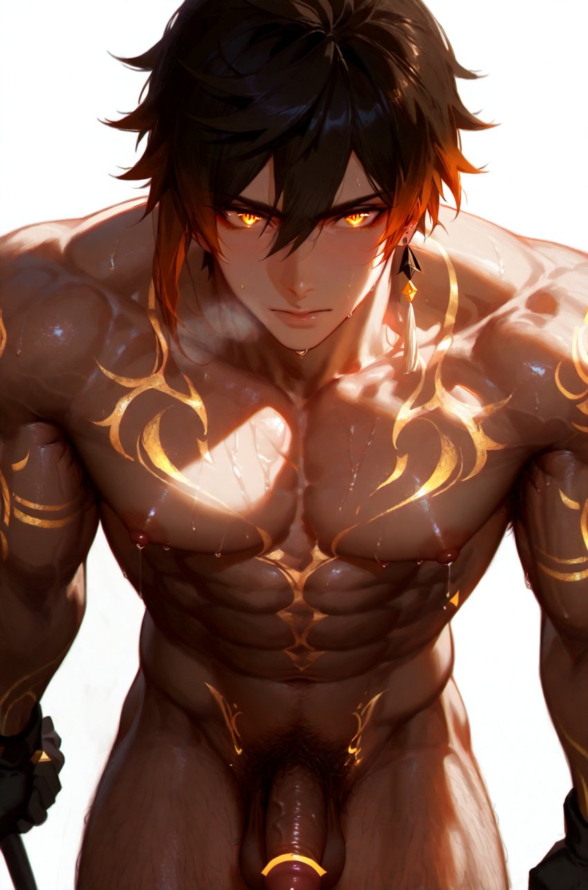 1boy abs ai_generated boy genshin_impact goldenfieldszho large_pectorals looking_at_viewer male male_focus male_only male_pubic_hair muscular muscular_male navel navel_hair nipples nude pectorals penis pubic_hair solo sweat zhongli_(genshin_impact)