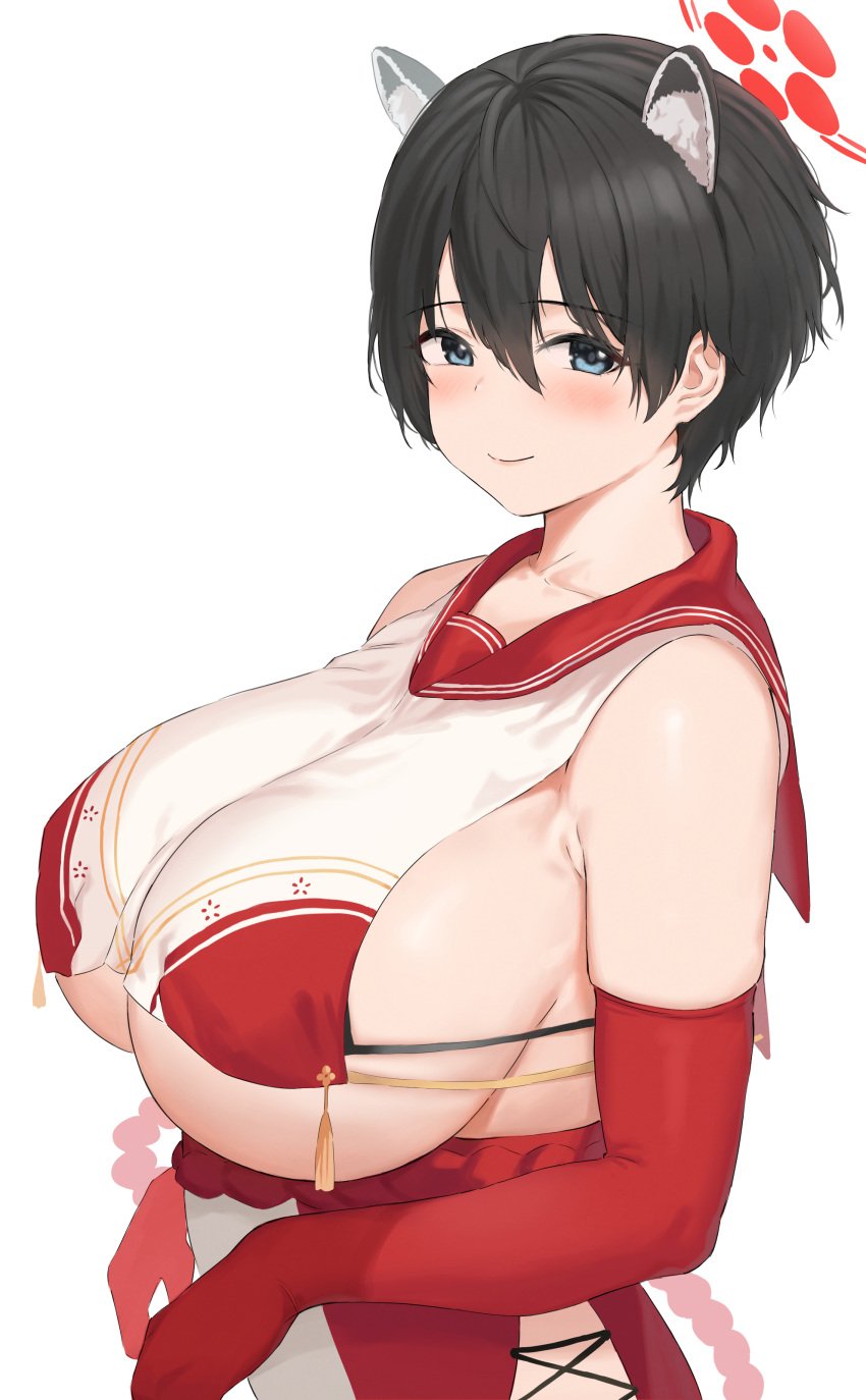 1girls animal_ears bare_shoulders bikini bikini_under_clothes black_hair blue_archive blurry blush breast_curtain breasts collarbone curvy detached_sleeves extra_ears female hair_between_eyes highres huge_ huge_breasts japanese_clothes large_breasts pleated_skirt red_sailor_collar red_skirt revealing_clothes sailor_collar serafuku short_hair sideboob solo swimsuit tassel thick_thighs thighs tsubaki_(blue_archive) underboob