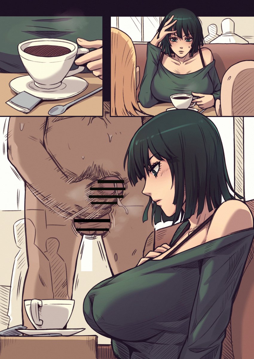 2others 3boys absurdres bar_censor blush booth_seating breasts cafe censored clothed_female_nude_male coffee collarbone completely_nude cup dress female fubuki_(one-punch_man) green_dress green_eyes green_hair hand_on_own_head highres impossible_clothes impossible_dress king_(one-punch_man) large_breasts male_masturbation male_pubic_hair masturbation multiple_boys multiple_others nude one-punch_man penis precum pubic_hair public_indecency public_masturbation saitama saitama_(one-punch_man) short_hair sitting steaming_cup strapless strapless_dress sweat sweatdrop tea teacup testicles ttf