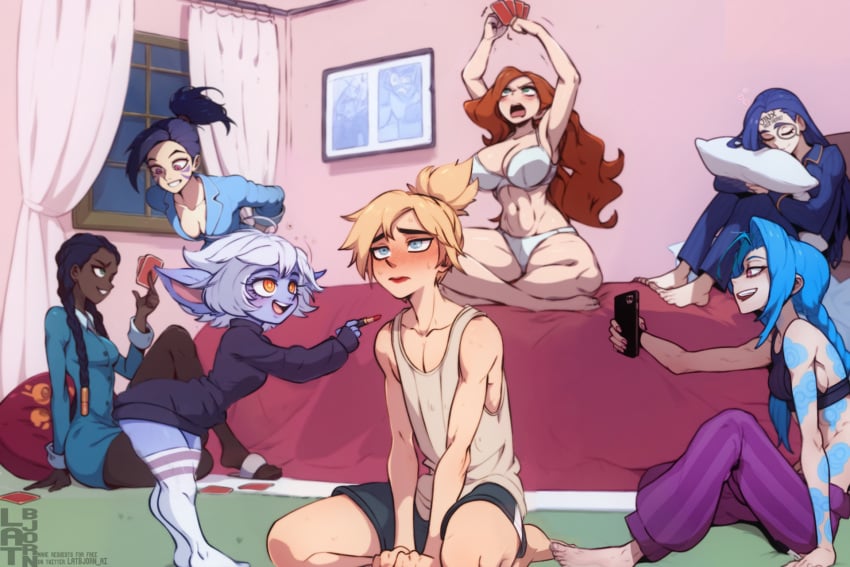 1boy 6+girls ai_assisted arm_tattoo ass bare_shoulders barefoot black_hair blonde_hair blue_eyes blue_hair blue_skin blush bra braid breasts brown_hair caitlyn_kiramman card cleavage clothing colored_skin dark-skinned_female dark_skin dreadlocks eyewear ezreal feet female glasses green_eyes grin harem holding holding_card indoors jinx_(league_of_legends) kai'sa large_breasts latbjorn_ai league_of_legends legwear long_hair male medium_breasts multiple_girls navel object_hug open_mouth orange_eyes pajamas pants pantsu pillow pink_eyes ponytail purple_hair purple_skin red_hair sarah_fortune senna_(league_of_legends) shirt short_hair shorts shoulder_tattoo sitting size_difference sleepover smile straight sweat tank_top tattoo teeth thighhighs toes tristana twin_braids underwear white_bra white_hair white_panties window yellow_eyes yordle