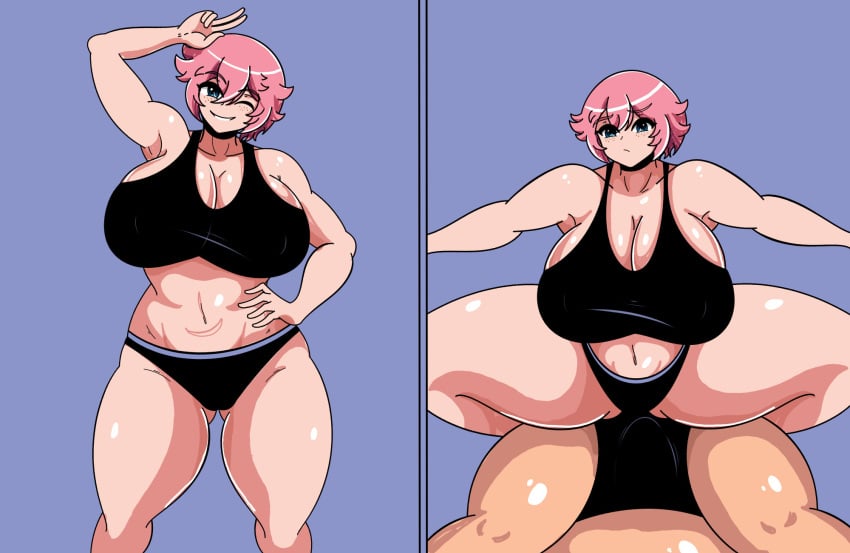 1boy 1boy1girl 1girls 2koma big_breasts blue_eyes breasts breasts breasts curvaceous_female curvaceous_figure curves curvy_body curvy_hips curvy_thighs exercise freckles huge_breasts large_breasts mature_female maymayuumi mayumi_oka milf oka_mayumi original_character pink_hair short_hair simple_shading sketch sports_bra sportswear tagme thick thick_ass thick_legs thick_thighs thighhighs thighs thong tomboy trainer training workout