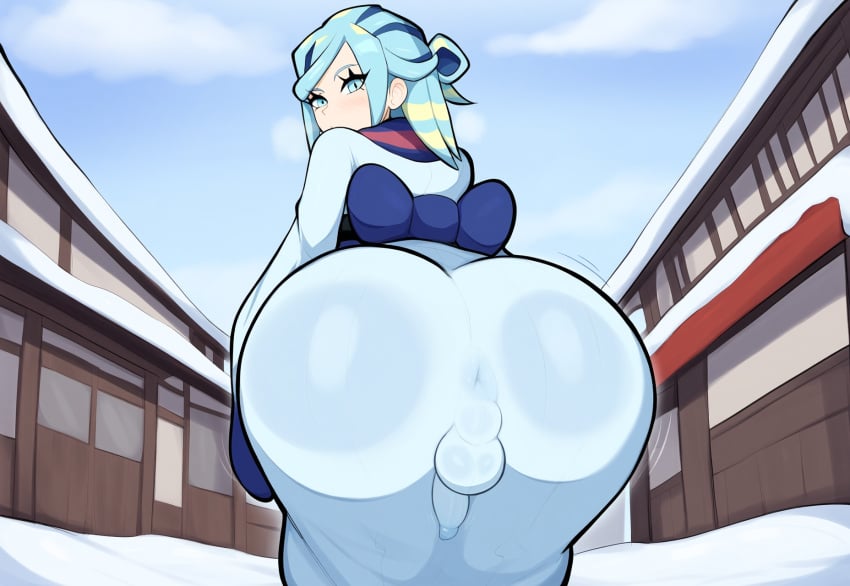 1boy ai_generated ass balls big_ass bubble_butt dat_ass dress femboy femboy_only grusha_(pokemon) gym_leader japanese_clothes kimono mullon pokemon pokemon_sv see-through snow testicles that_ass_was_fat town trap