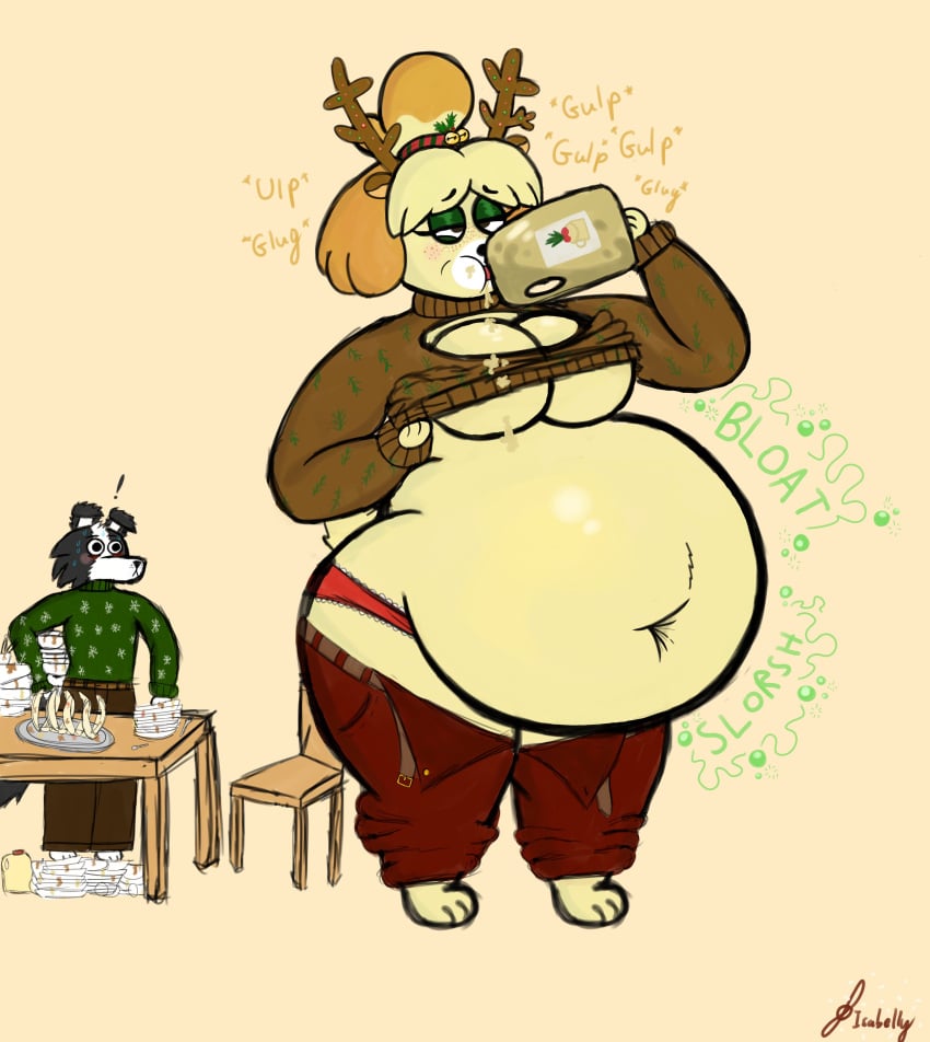 belt_unbuckled big_belly christmas dialogue drinking egg_nog fat isabelle isabelle_(animal_crossing) morbidly_obese ne0n-fox oc text