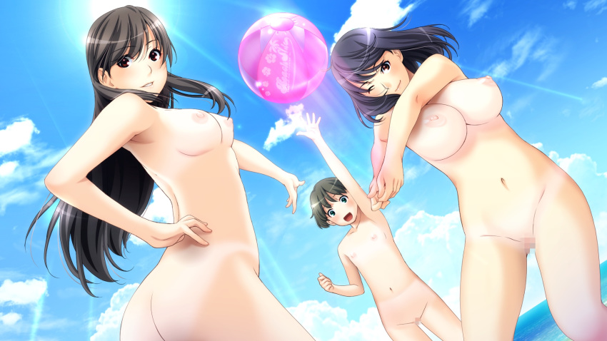 3girls ball bikini breasts censored cloud clouds female female_only highres human large_breasts long_hair multiple_females navel nipples nude nudist outdoors short_hair sister_scheme_2 sky sunlight swimsuit water wink yanagawa_amane yanagawa_shiori zenra