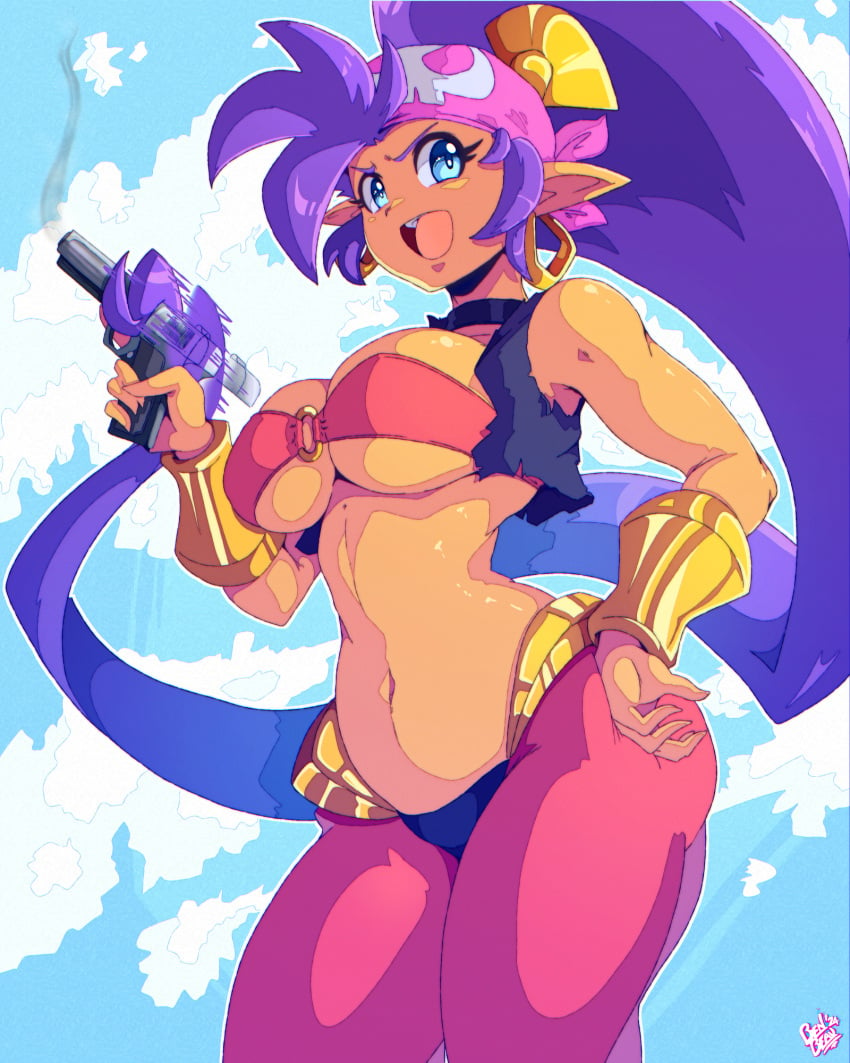 bandeau benbeau blue_eyes breasts brown_body brown_skin ear_piercing ear_ring female genie hair hi_res holding_gun holding_weapon humanoid humanoid_pointy_ears long_hair looking_at_viewer open_mouth open_smile ponytail purple_hair shantae shantae_(character) shantae_and_the_pirate&#039;s_curse side_boob simple_background smile solo wayforward