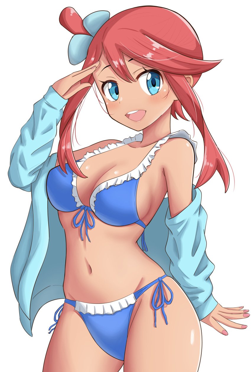 1girls absurdres bikini blue_eyes breasts creatures_(company) game_freak highres jacket latina long_hair maho_(corotonton5150) medium_breasts nintendo pokemon pokemon_bw red_hair skyla_(pokemon) swimsuit tan_skin