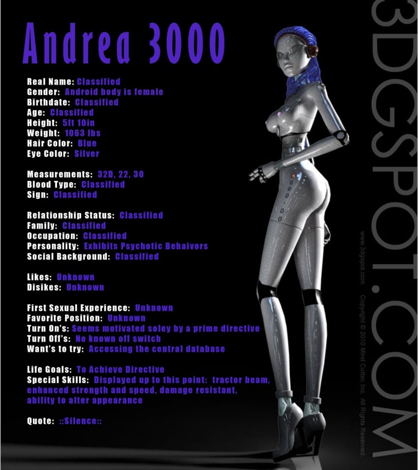 1girls 3d 3dgspot andrea_3000 android athletic athletic_female big_breasts blue_hair breasts built-in_high_heels busty character_sheet cleavage curvaceous curvy curvy_figure digital_media_(artwork) doppelganger_(3dgspot) eyebrows eyelashes eyes female female_focus fit fit_female grey_body grey_skin gynoid hair high_heels hips hourglass_figure huge_breasts humanoid large_breasts legs light-skinned_female light_skin lips mature mature_female metallic_body nipples robot robot_girl robot_humanoid silver_eyes thick thick_legs thick_thighs thighs top_heavy upper_body voluptuous waist wide_hips