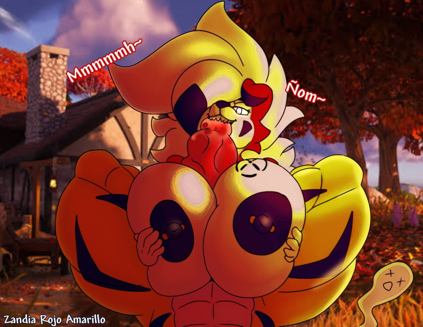 animal_genitalia animal_penis anthro bandai_namco big_breasts big_penis bite bite_play breast_play breast_tattoo breasts canid canine canine_genitalia canine_penis canis detailed_background digimon digimon_(species) duo epic_games fellatio female fortnite game_background game_freak generation_7_pokemon genitals hi_res huge_breasts huge_cock kyubimon kyume_(character) luna_the_lycanroc lycanroc male male/female mammal midnight_lycanroc nintendo nipple_piercing nipples oral paizuri penile penis piercing pokemon pokemon_(species) sex smile smiling_at_viewer tattoo teeth titfuck titjob toothy_fellatio zynda_ae_(artist)