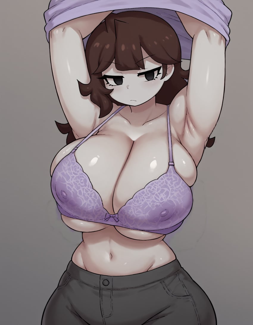 1girls ai_generated bra brown_hair covered_nipples goonedoutp3rv grey_pants jaiden jaiden_animations large_ass lingerie long_hair looking_to_the_side purple_shirt removing_clothing shirt shirt_lift simple_background skindentation solo