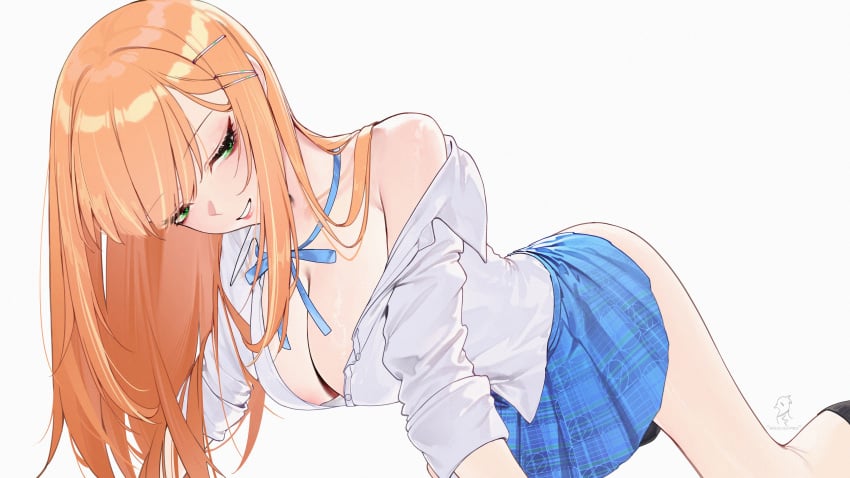 1girls big_breasts blush bow bowtie breasts female female_focus female_only gakuen_idolmaster green_eyes hairclip long_hair looking_back mikumikumi on_all_fours orange_hair school_uniform schoolgirl shiun_sumika skirt skirt_lift solo solo_female solo_focus suggestive thick_thighs thighs