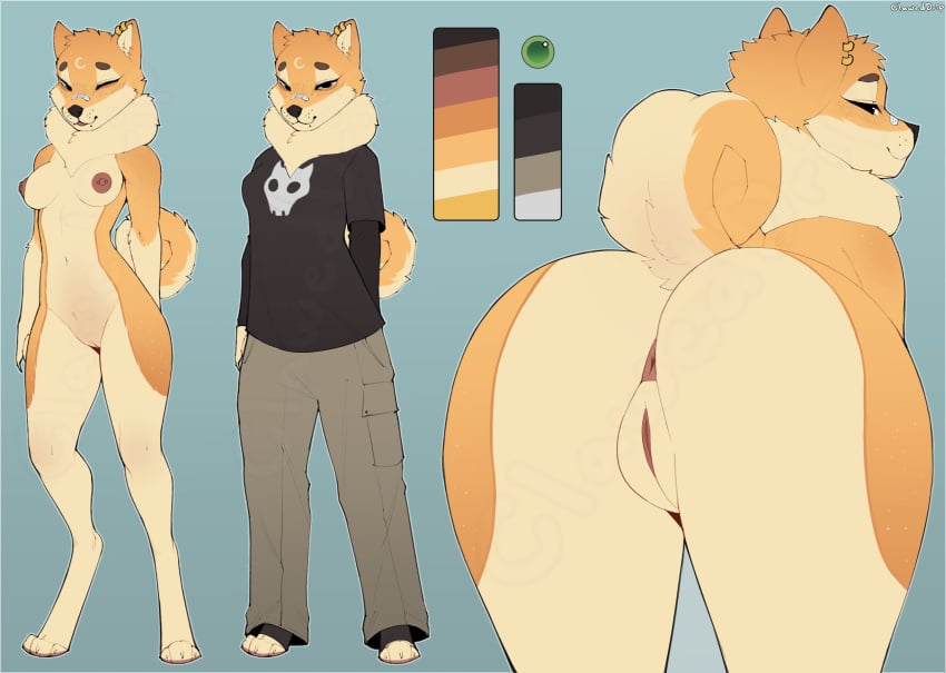 anthro ass bedroom_eyes canid canine canis claweddrip clothed clothing domestic_dog ear_piercing female full-length_portrait genitals hi_res mammal model_sheet narrowed_eyes nipple_piercing nipples piercing portrait presenting presenting_hindquarters presenting_pussy pussy seductive solo tagme three-quarter_portrait