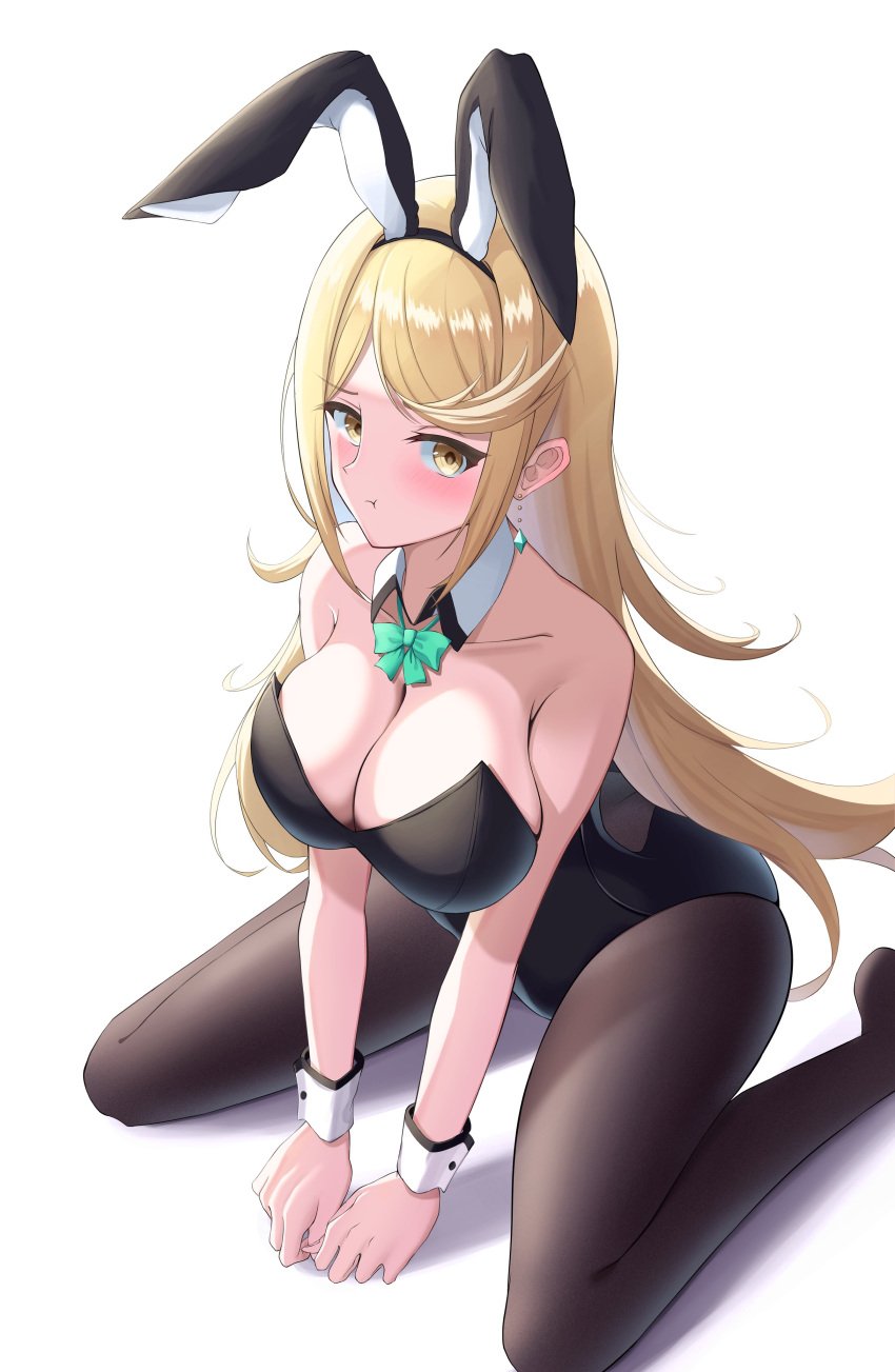 1girls :t absurdres animal_ears bare_shoulders black_headwear black_leotard black_pantyhose blonde_hair bow bowtie breasts cleavage detached_collar fake_animal_ears female green_bow green_bowtie hands_on_floor highres large_breasts leotard long_hair mythra no_shoes okazu2010015 pantyhose playboy_bunny pout rabbit_ears sitting solo strapless strapless_leotard swept_bangs very_long_hair wariza wrist_cuffs xenoblade_(series) xenoblade_chronicles_2 yellow_eyes