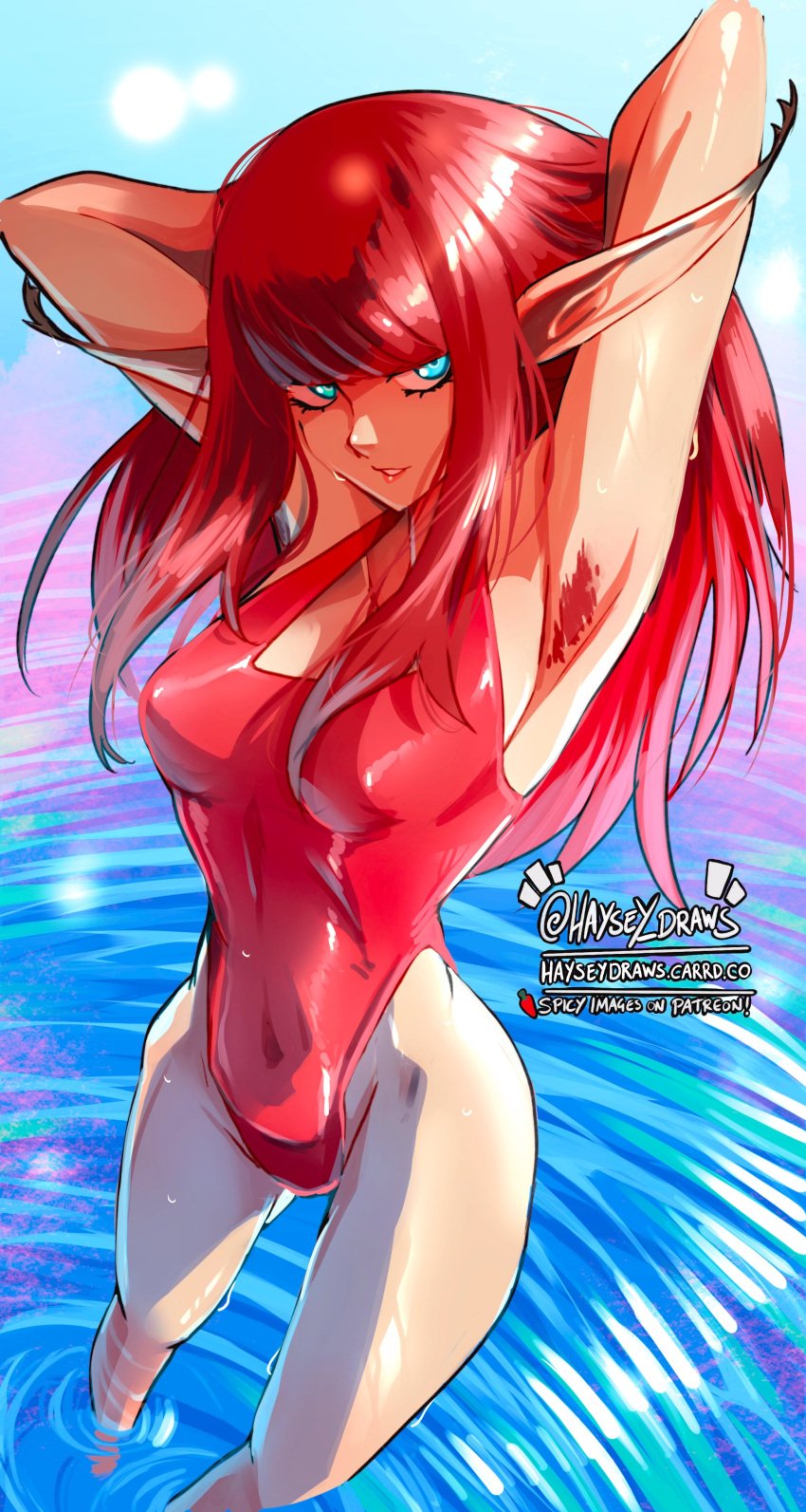 1girls 2024 2d 2d_(artwork) armpit_hair armpits arms_up artist_name athletic athletic_female atlus bangs blue_eyes breasts busty eiselin_hulkenberg elf elf_ears elf_female female female_focus female_only hands_behind_head haysey_draws hourglass_figure hulkenberg long_ears long_hair mascara medium_breasts metaphor:_refantazio navel one-piece_swimsuit outdoors outside pinup pinup_pose pointy_ears red_hair red_one-piece_swimsuit red_swimsuit sega solo swimsuit tagme water wet wet_body wet_skin wide_hips