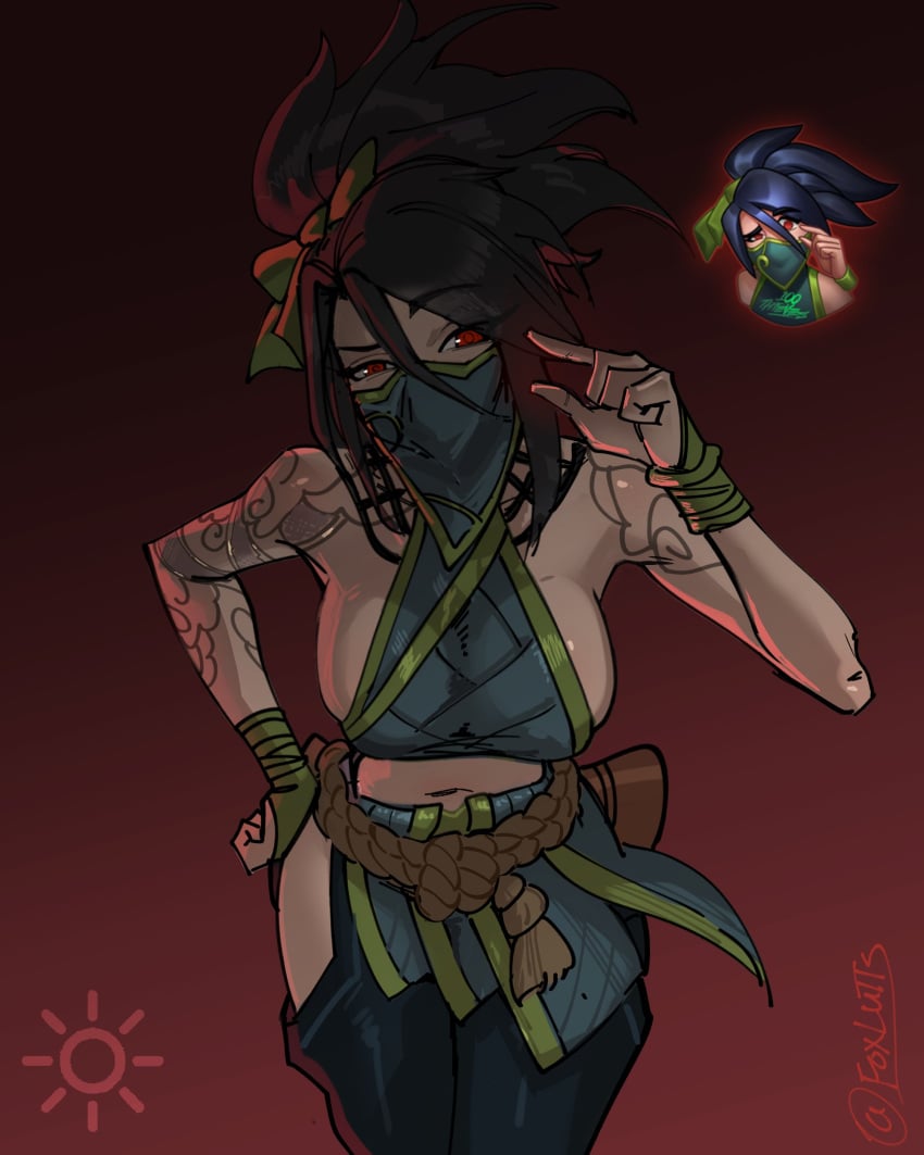 100_thieves_akali_emote akali black_hair breasts clothed_female covered_nipples crop_top emote foxlutts hand_on_hip hip_vent kunoichi large_breasts league_of_legends leaning_forward looking_at_viewer mask midriff navel raised_eyebrow red_background red_eyes shiny_skin sideboob skindentation small_penis_gesture small_penis_humiliation tattoo