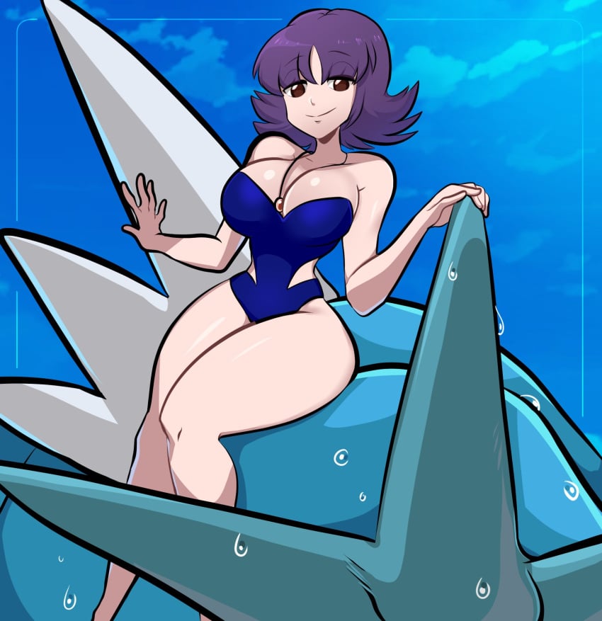 belly breasts cleavage clothed clothing crop_top female female_focus female_only gyarados gym_leader human human_only missandydandy nintendo philena_ivy pokemon professor_ivy_(pokemon_anime) solo solo_female