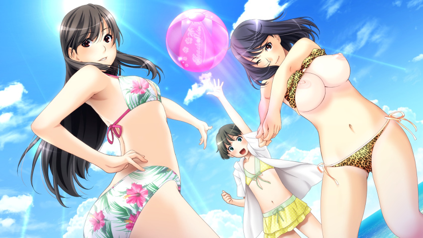 3girls ball beach_ball bikini breasts clouds female female_only highres human large_breasts long_hair multiple_females multiple_girls navel nipples short_hair sister_scheme_2 sky sunlight swimsuit uncensored wardrobe_malfunction water wink yanagawa_amane yanagawa_shiori