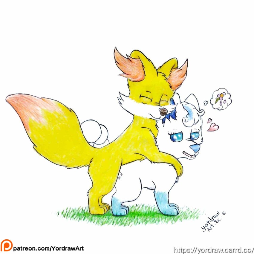 3_toes canid canine closed_eyes duo feet female fennekin feral from_behind_position fur generation_1_pokemon generation_6_pokemon hi_res looking_at_another looking_back male mammal mating_grip mounting nintendo patreon patreon_logo patreon_username penetration pokemon pokemon_(species) satisfaction sex smile text toes traditional_media_(artwork) url vulpix yellow_body yellow_fur yordraw